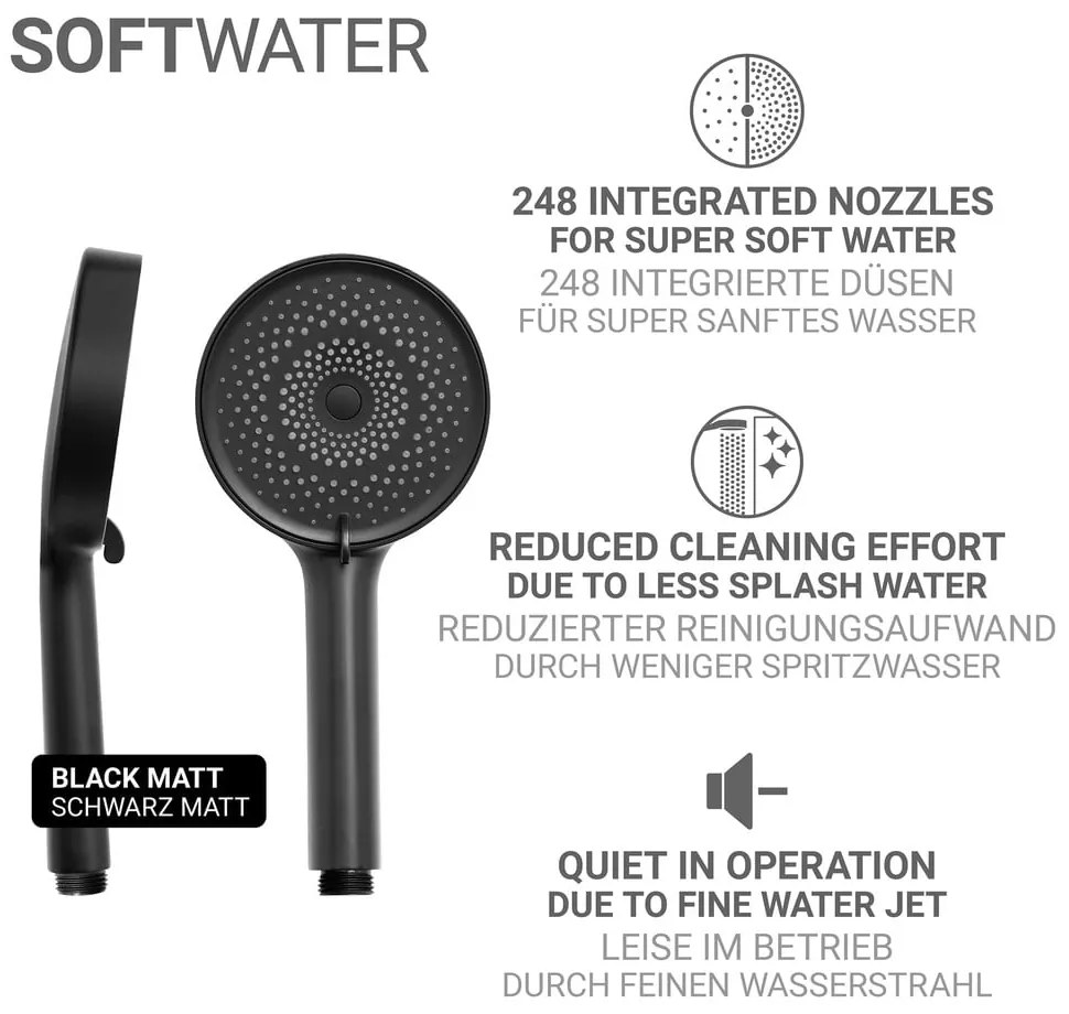 Matne čierna plastová sprchová hlavica ø 12 cm Softwater – Wenko
