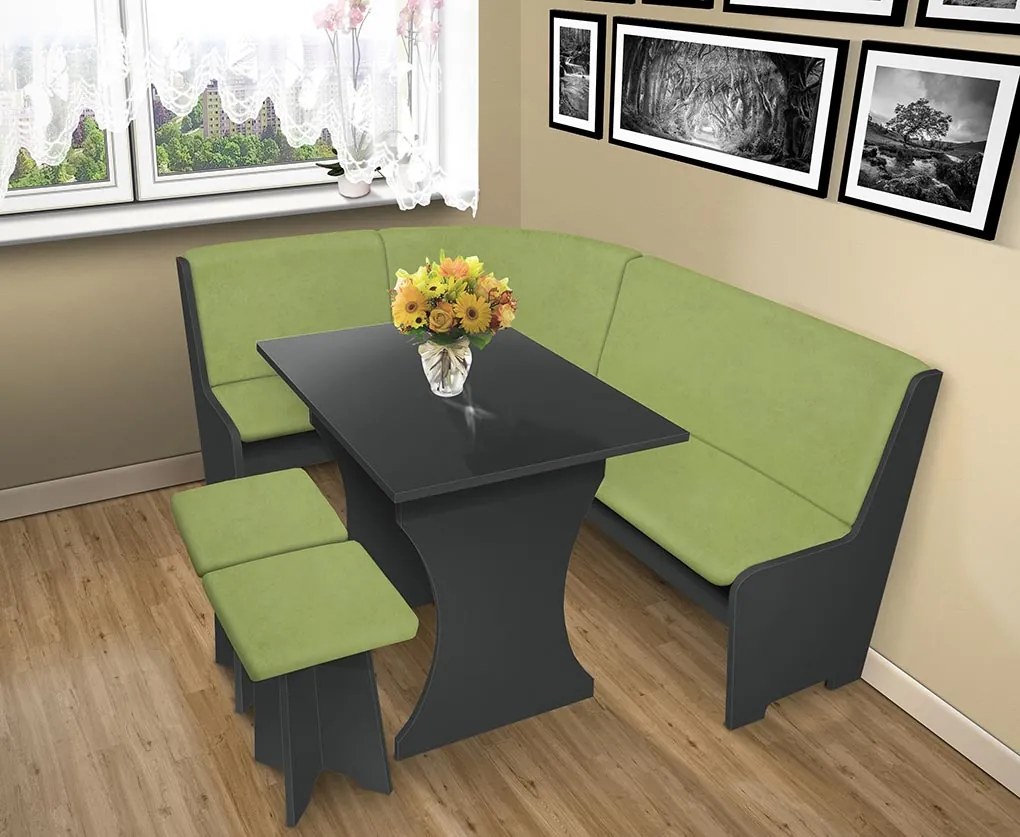 Nabytekmorava Jedálenská rohová lavica sa štokrlemi a stolom farba lamina: orech lyon 9614, čalúnenie vo farbe: Alova zelená