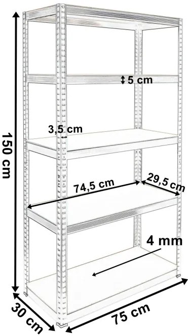 Regál 150x75x30 cm strieborný