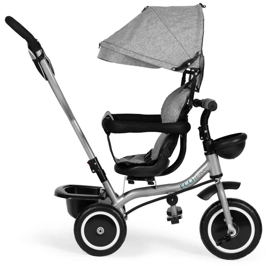 ECOTOYS Trojkolka 2v1 s otočným sedadlom + sklopná strieška - sivá