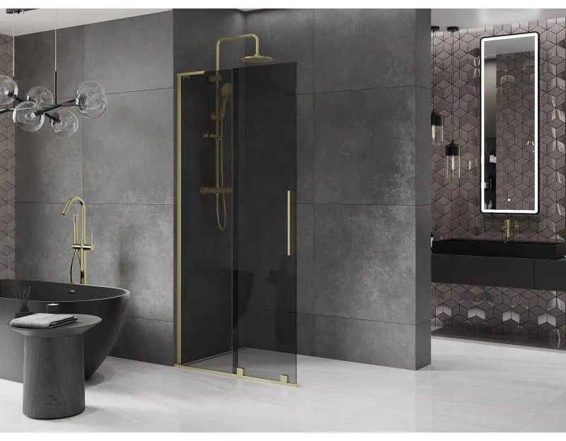 Mexen Velar L, posuvná sprchová zástena Walk-in 100 x 200 cm, 8mm šedé sklo, zlatá matná, 871-100-003-43-55