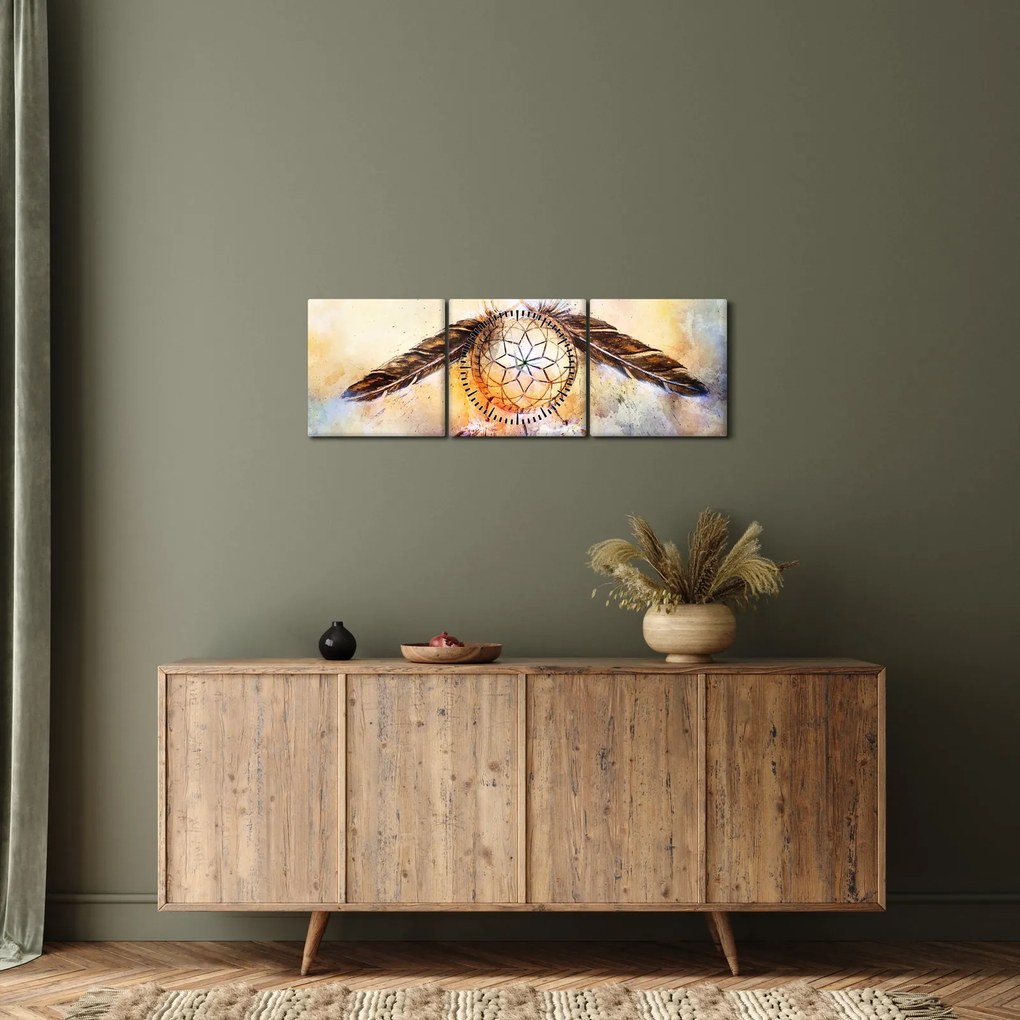 Obraz - Lapač snov s pierkami (s hodinami) (90x30 cm)