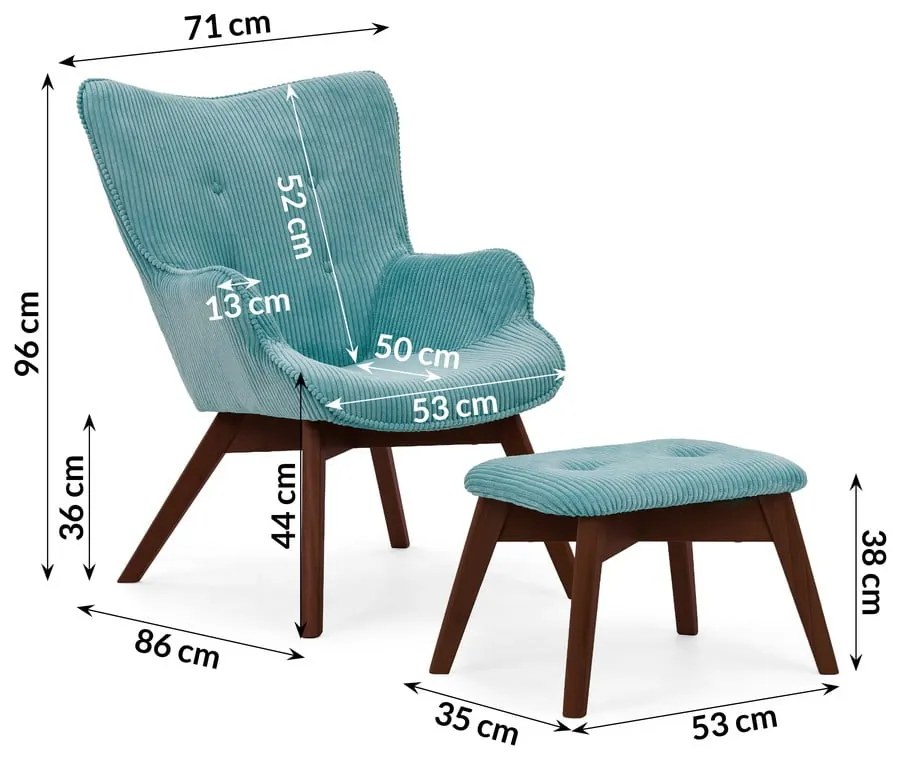 Tyrkysové menčestrové kreslo s podnožkou Niko – Ropez