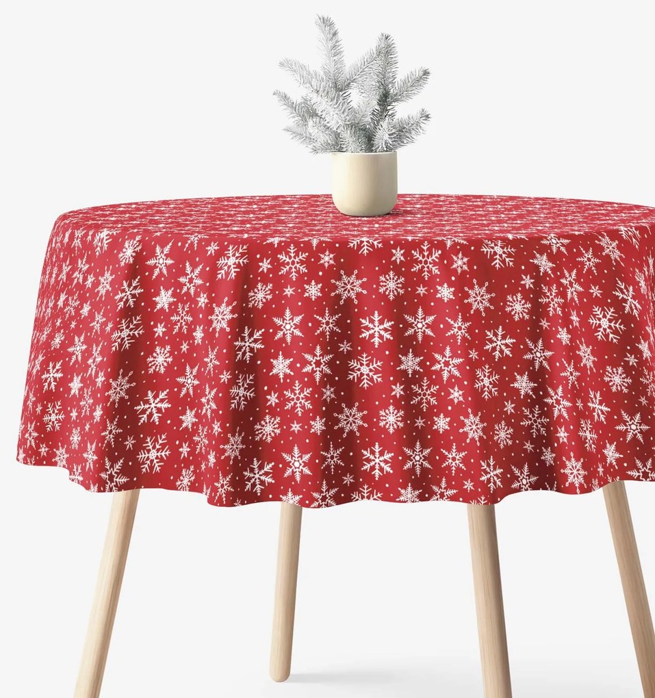 Goldea vianočný okrúhly obrus valencia - biele vločky na červenej Ø 120 cm