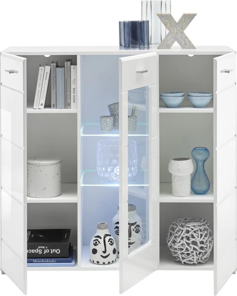 Vysoká komoda s presklením Enrique, biela lesk