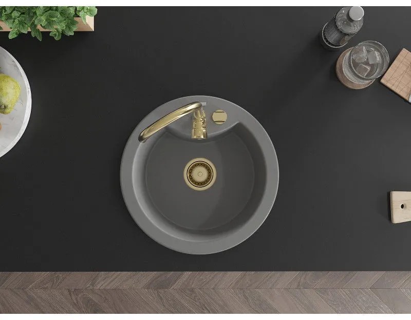 Mexen Diego, 1-komorový granitový drez 488x488x167 mm, zlatý sifón, zlatá lesklá batéria Telma, šedá, 6512-71-670200-50