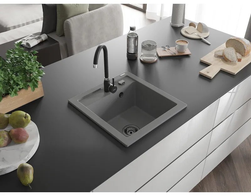 Mexen Vito, granitový drez 520x490x210 mm, 1-komorový, šedá s čiernym sifónom, 6503521000-71-B