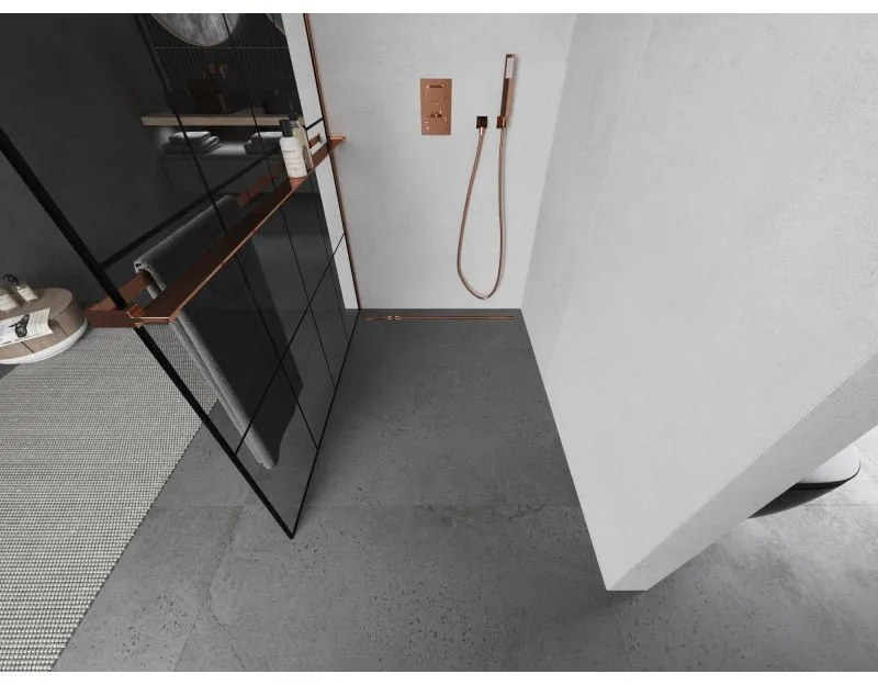 Mexen Kioto, sprchová zástena s poličkou a držiakom na uteráky 140 x 200 cm, 8mm číre sklo s čiernym vzorom, profil ružové zlato, 800-140-121-60-77