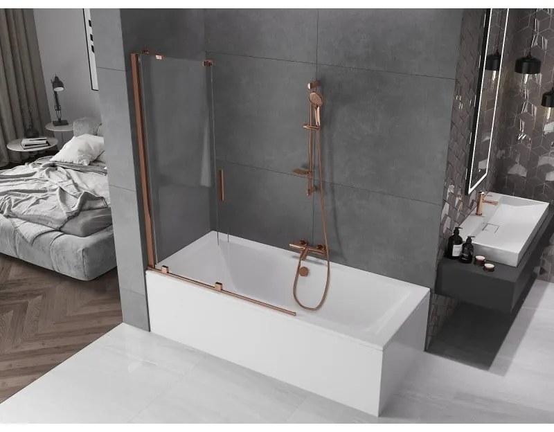 Mexen Velar, 2-krídlová posuvná vaňová zástena 120 x 150 cm, 8mm číre sklo, ružové zlato, 896-120-000-01-60