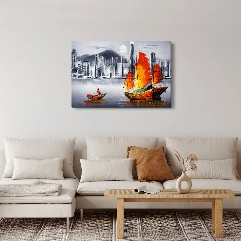 Obraz - Victoria Harbor, Hong Kong, čiernobiela olejomaľba (90x60 cm)