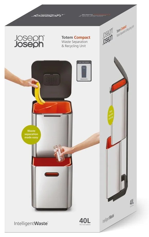 Sivý oceľový odpadkový kôš na triedený odpad 40 l Totem Compact – Joseph Joseph