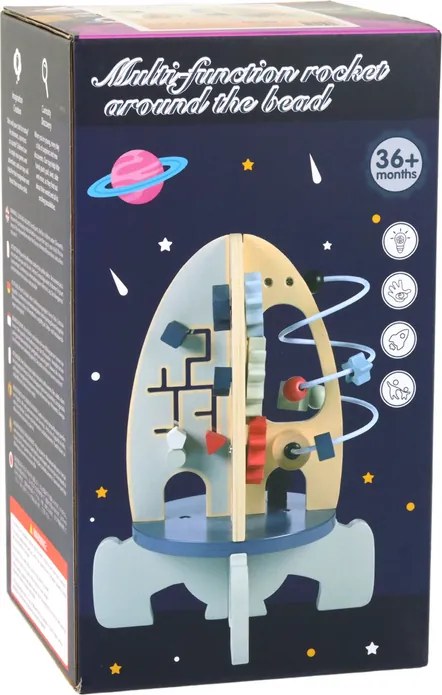 LEAN Toys Drevená edukačná hračka raketa s korálkami a ozubenými kolieskami