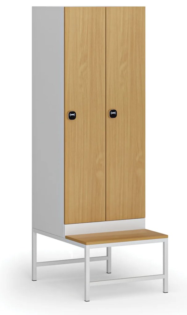 Šatníková skrinka s lavičkou, 2 oddiely, 1875 x 600 x 500/800 mm, demont, zámok s čítačkou RFID kariet, laminované dvere, buk