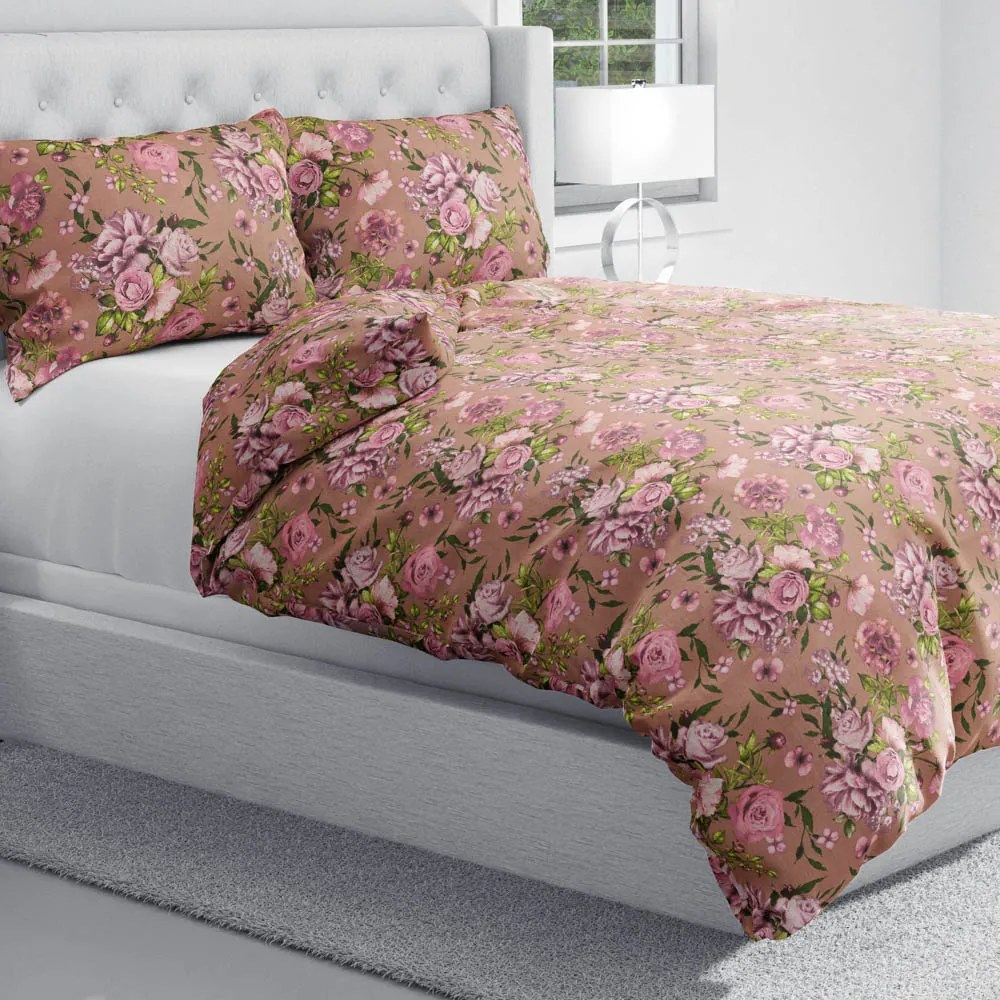 Biante Bavlnené posteľné obliečky Sandra SA-554 Ruže a hortenzie na hnedom Dvojlôžko francúzske 220x200 a 2ks 70x90 cm