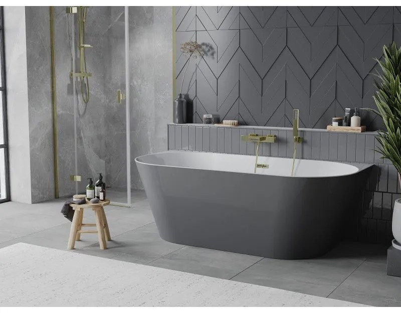 Mexen Oval Slim, voľne stojaca vaňa ku stene, 170 x 80 cm, biela-šedá, zlatý lesklý prepad, 52661708062-50