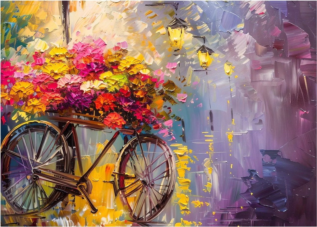 Sklenený obraz - Bicykel s kvetmi (70x50 cm)