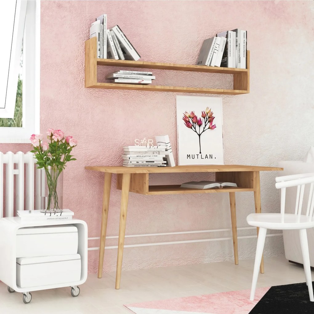 Písací stôl Muty s nástennou policou zlatý dub