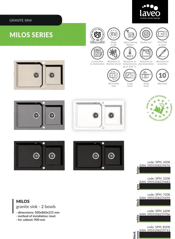 Kuchinox Milos, 2-komorový granitový drez 980x500x215 mm + sifón, biela matná, LAV-SPM_6209
