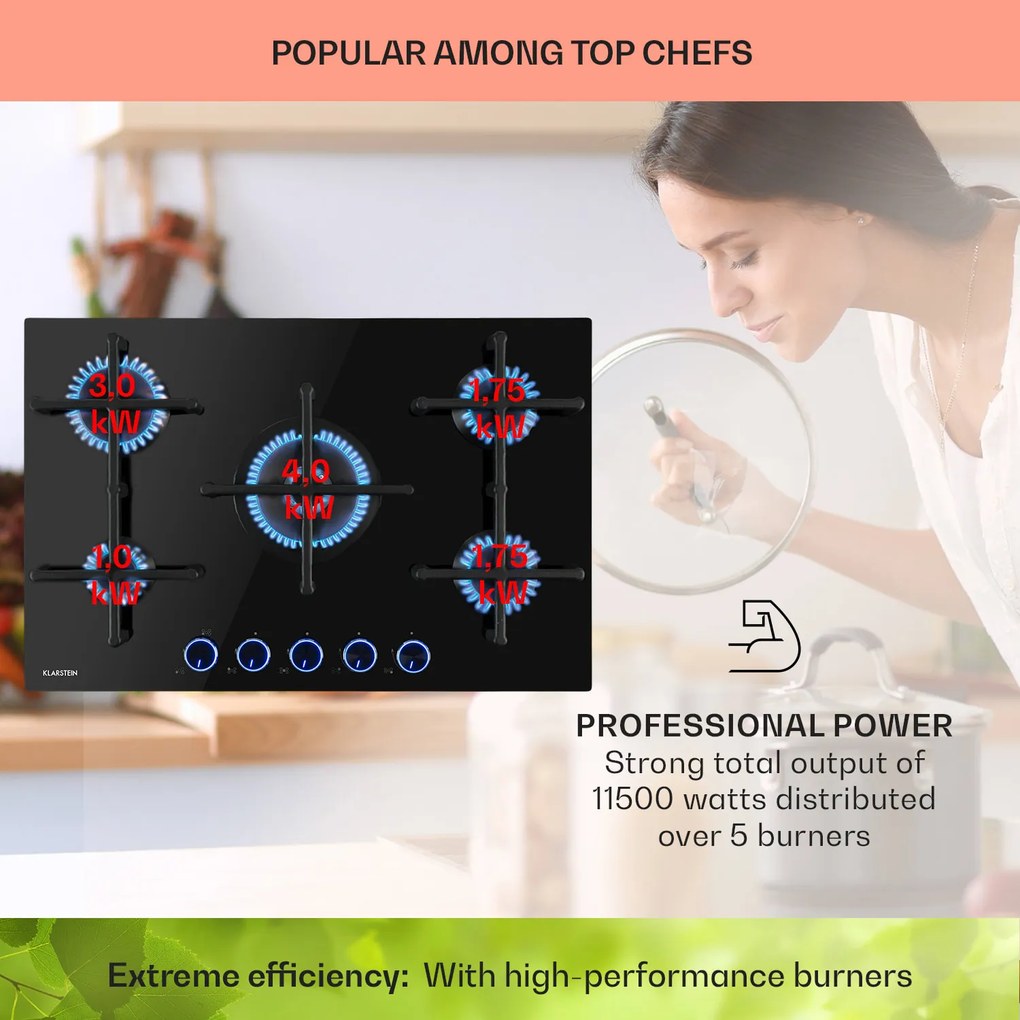 Klarstein Illuminosa 5, plynová varná doska, 5 Sabaf horákov, sklokeramika, čierna