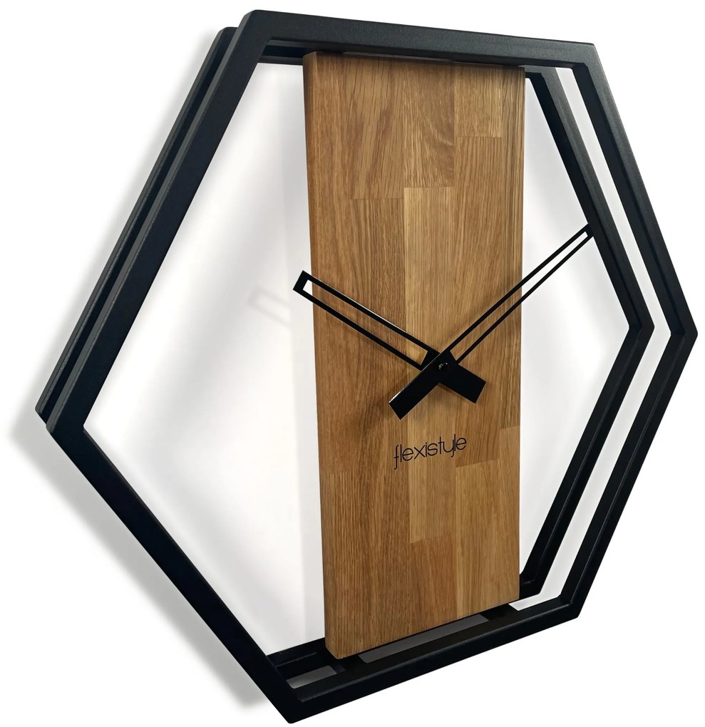 Dubové hodiny Loft Hexagon kovové 50cm, z231