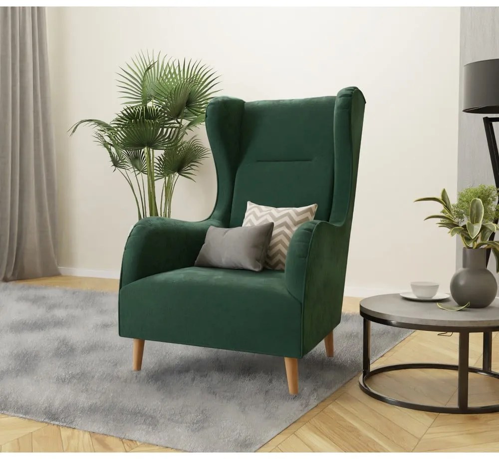 Tmavozelené zamatové kreslo ušiak Carole – Ropez