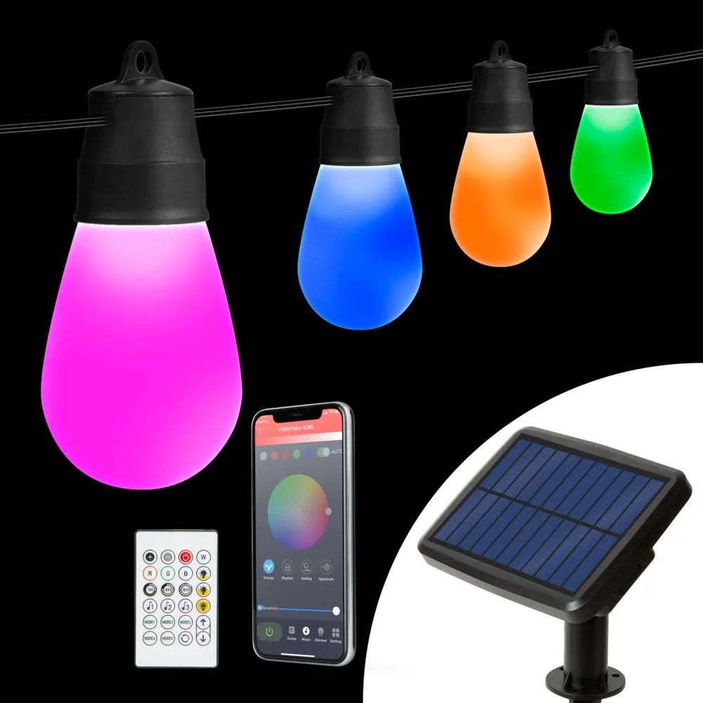 LED RGBIC solárny reťazec 15xLED/1,3W/3,7V 2200 mAh 8 m IP65 čierny + diaľkové ovládanie