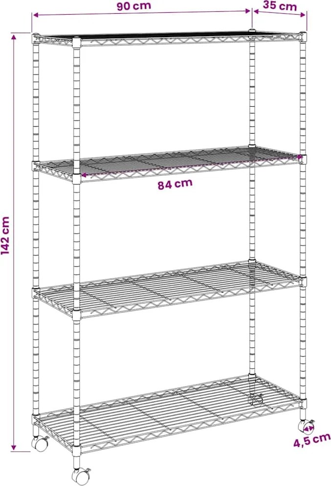 Multidom Regál so 4 policami na kolieskach 90x35x142 cm chrómový 200 kg