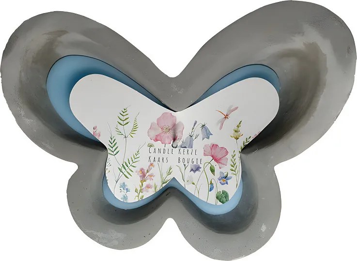 Sviečka v tvare motýľa v betóne –  modrá 19 × 14 cm