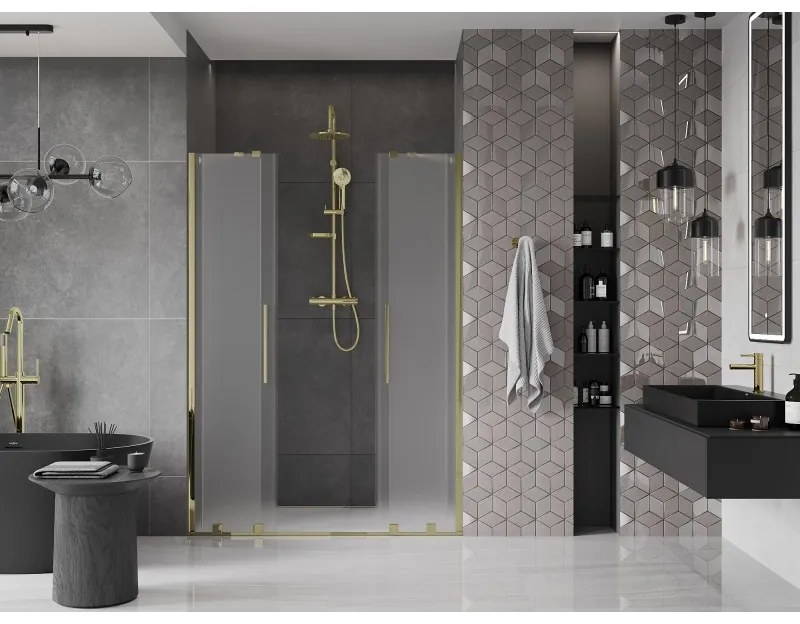 Mexen Velar Duo, posuvné sprchové dvere do otvoru 160 cm, 8mm sklo námraza, zlatá lesklá, 871-160-000-32-50