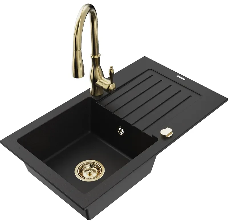 Mexen Pablo, granitový drez 752x436x161 mm, 1-komorový a drezová batéria Savita, čierna, 6510-77-672601-50