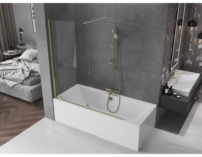 Mexen Velar, 2-krídlová posuvná vaňová zástena 150 x 150 cm, 8mm číre sklo, zlatý lesklý profil, 896-150-000-01-50