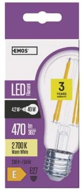 EMOS LED filamentová žiarovka, E27, A60, 4W, 470lm, teplá biela