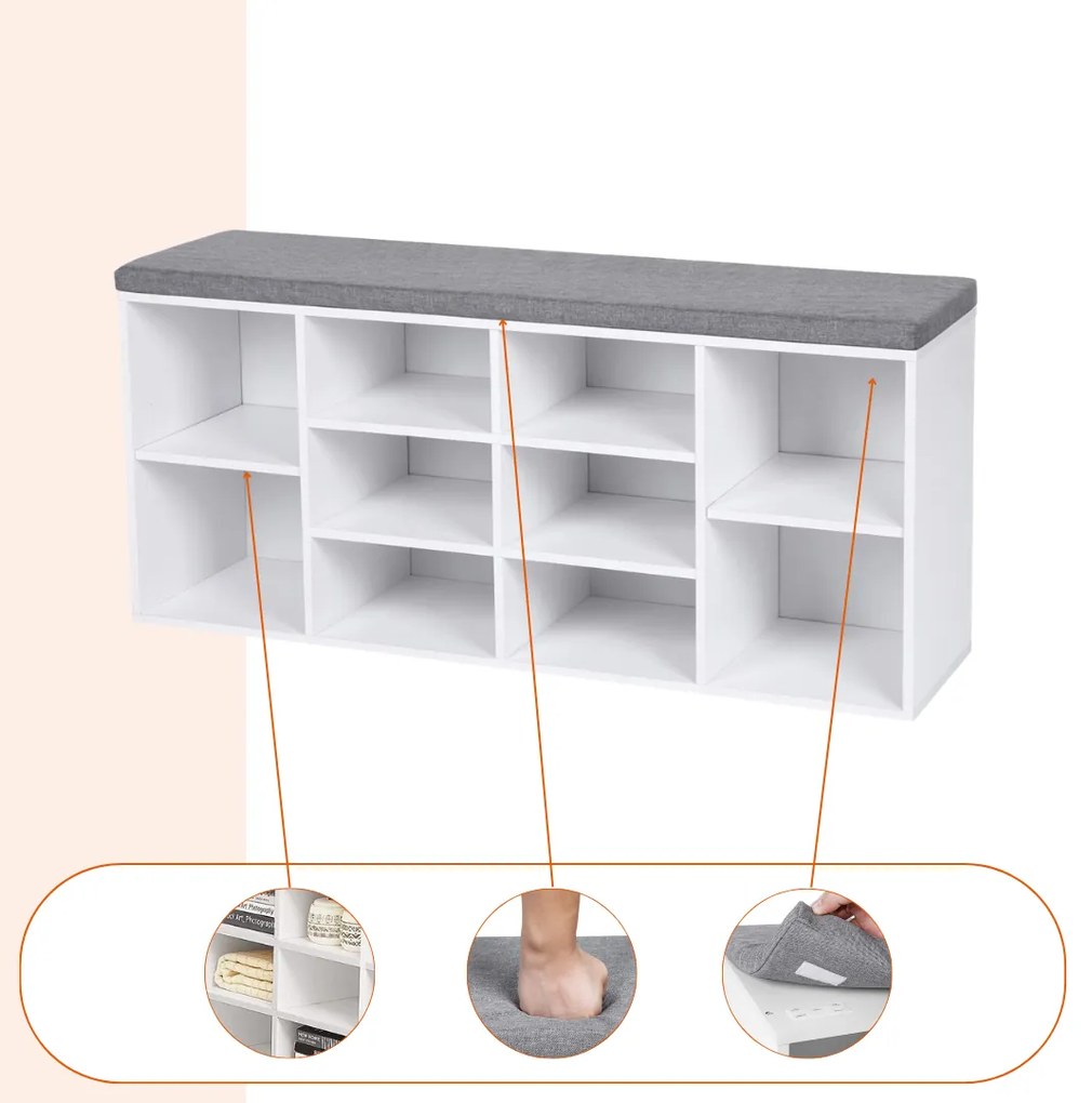 Botník s čalúnenou lavicou GABI, 10 priehradiek, 104x30x48cm, šedá/biela Jurhan