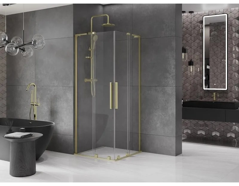 Mexen Velar L Duo, sprchový kút s posuvnými dverami 80 x 80 cm, 8mm číre sklo, zlatá matná, 871-080-080-02-03-55