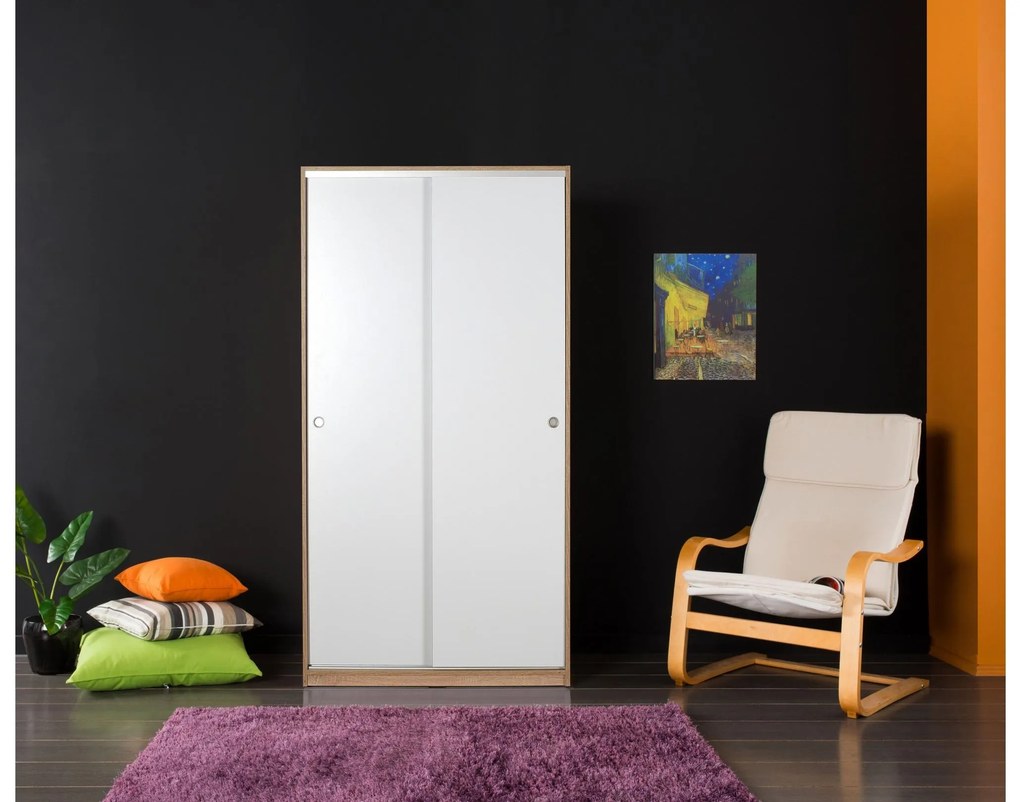 Šatníková skriňa s posuvnými dverami Seworella 1 (lososová biela + svetlé drevo). Akcia -17%. Vlastná spoľahlivá doprava až k Vám domov. 1109415
