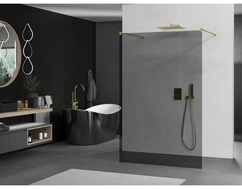 Mexen Kioto, sprchová zástena Walk-In 100 x 200 cm, 8mm šedé sklo, zlatý matný profil, 800-100-002-55-40