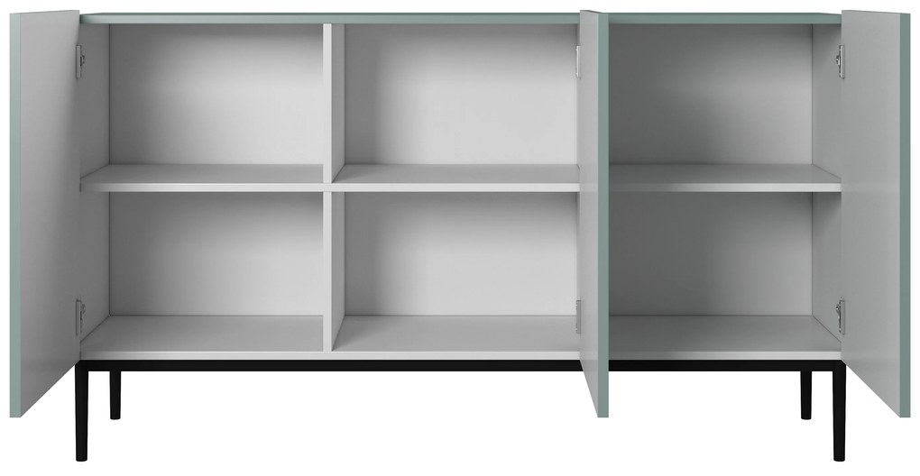 Komoda Nicole 150 cm trojdverová s ryhovaným čelom - šalviová / čierne nohy