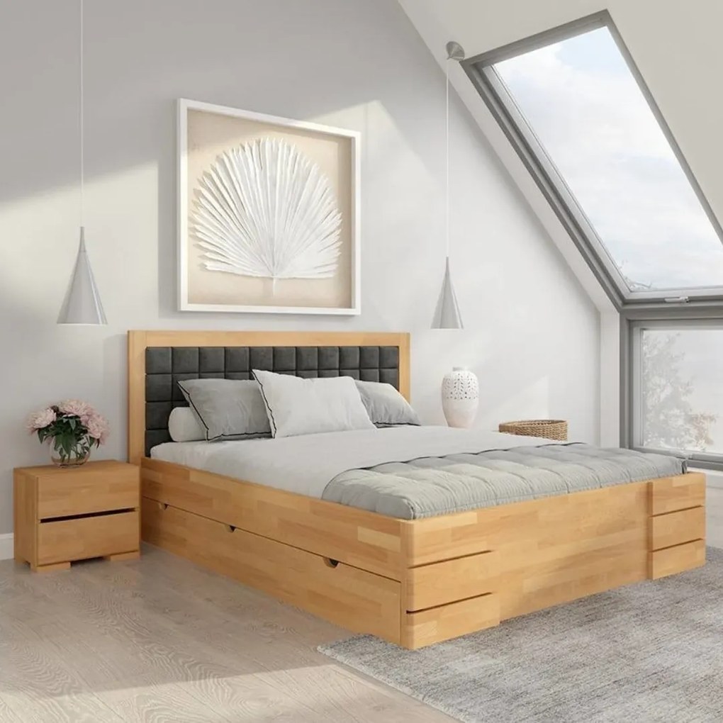 Posteľ čalúnená buková Gotland High so zásuvkami Visby: Posteľ 200x200 cm