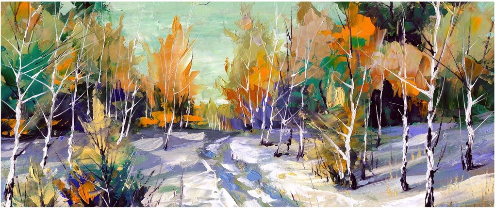 Obraz - Zasnežená cesta lesom, olejomaľba (120x50 cm)