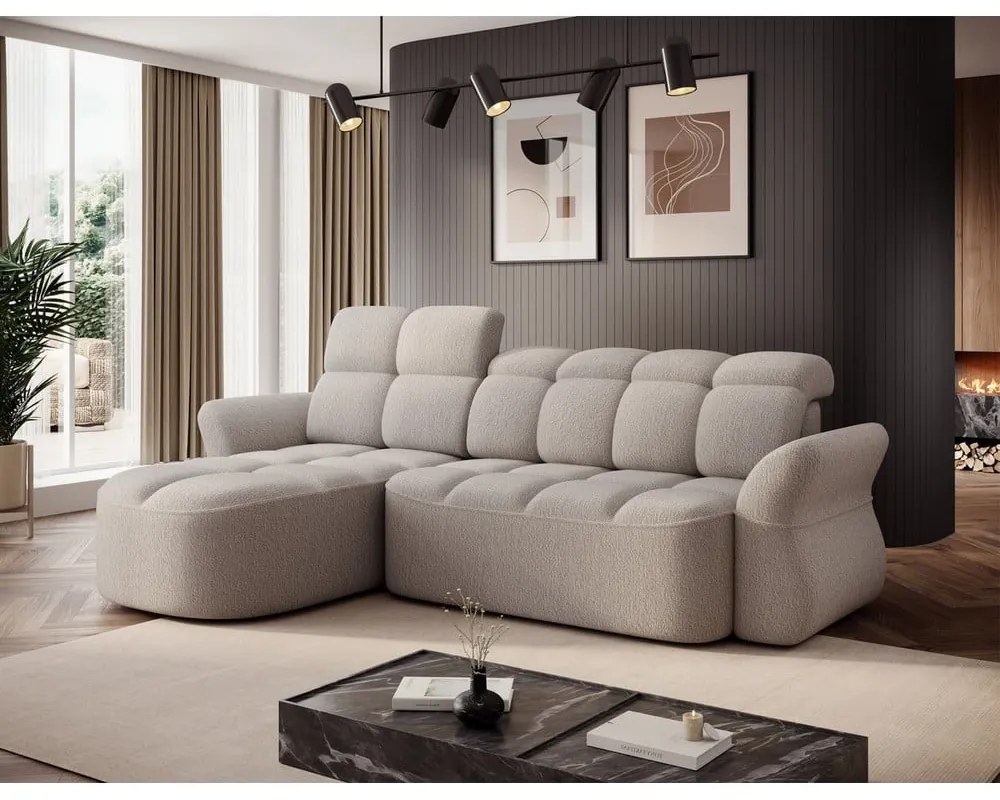 Béžová rozkladacia/s úložným priestorom rohová pohovka z textílie buklé (ľavý roh/s leňoškou) Beneth – ELTAP