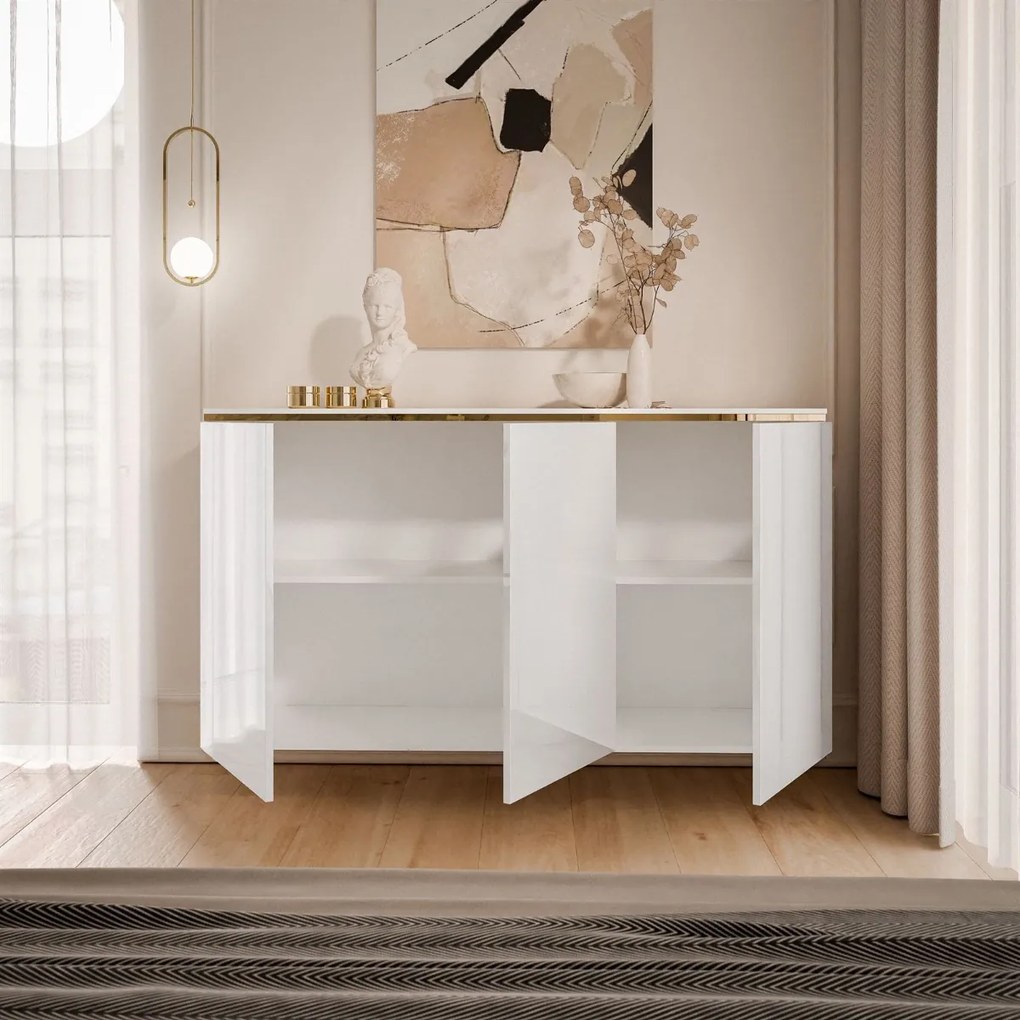 ZÁVESNÁ KOMODA NESSIE TROJDVEROVÁ BIELY LESK + ZLATÁ 140 cm