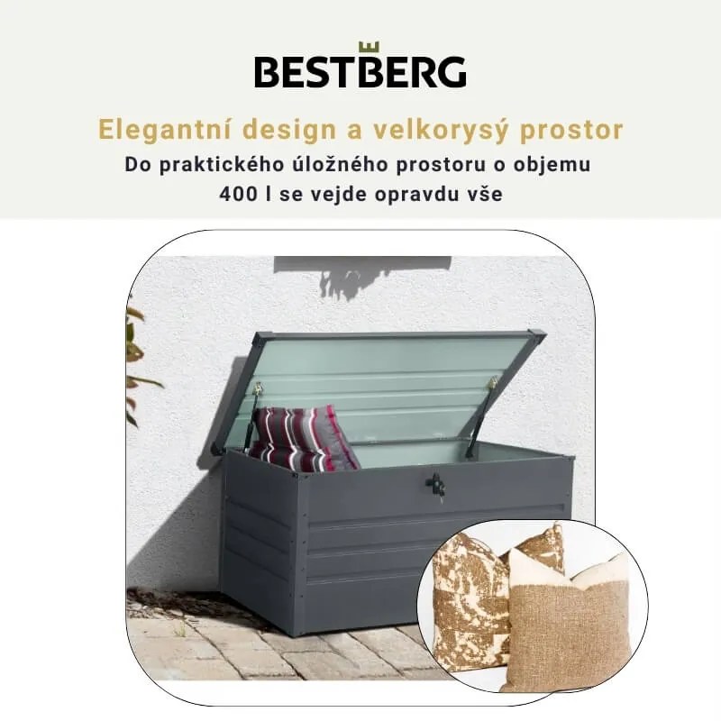 Kovový záhradný úložný box BestBerg ZBK-400A / 400 l / 132 x 62 x 62 cm / šedá