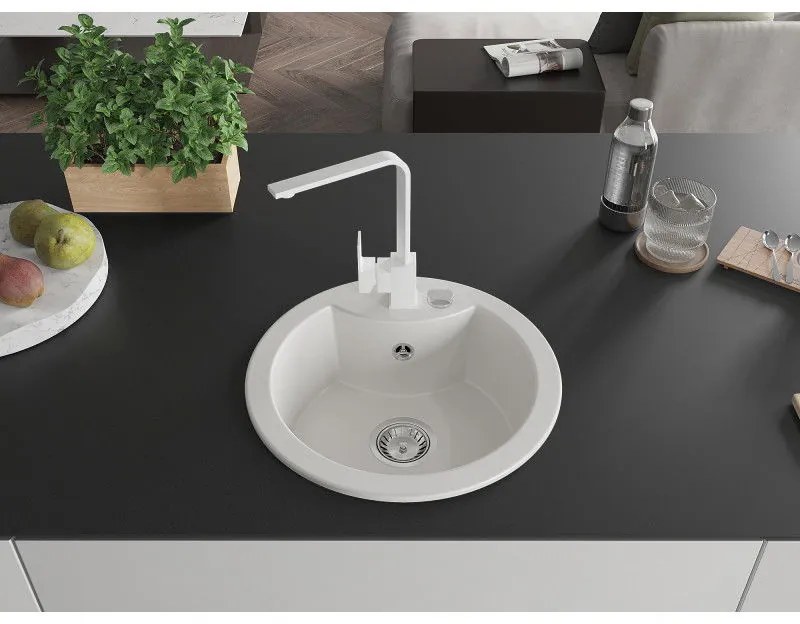 Mexen Diego, 1-komorový granitový drez 488x488x167 mm, chrómový sifón, biela matná batéria Rita, biela, 6512-20-670300-20