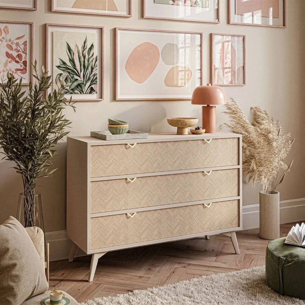 KOMODA FONDY JEDLIČKA SCANDI + PIESKOVO BÉŽOVÁ ŠUPLÍKY 106 cm