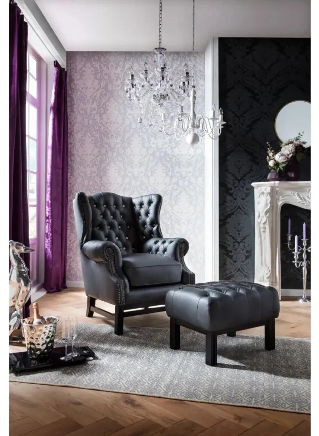 furniture-nabytek.cz - Masívny taburet Chesterfield Kingsfield z pravej kože, čierny – 61×46×43 cm