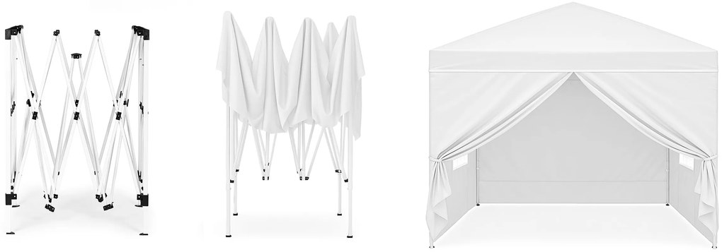 Záhradný pavilónový stan 3x3 m, automaticky rozkladací + 4 bočné steny, biely, MultiGarden