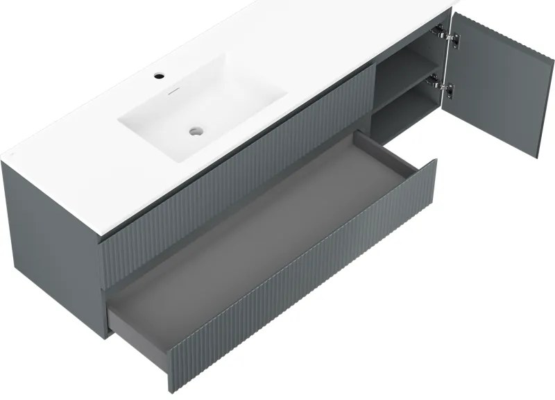 Mexen Rivel, kúpeľňová skrinka 160 cm s ľavým umývadlom Otis, 2S, 1D, drážkovaná, grafitová/biela matná, 91A23-16047-3-BBFFF66-W18L01