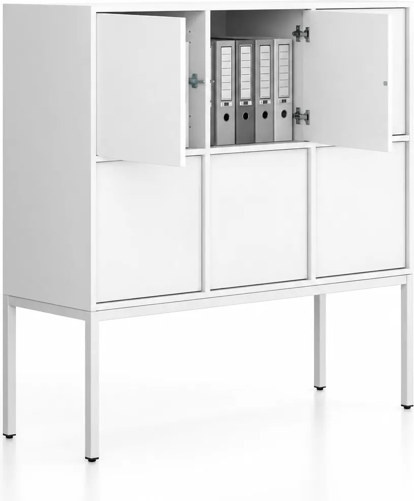 Kancelárska skriňa FRAME, nízka, biela podnož, 6x dvere, 1299 x 450 x 1331 mm, PUSH-lock, biela