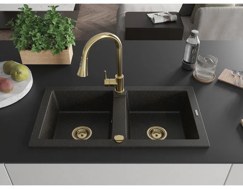 Mexen Mario, 2-komorový granitový drez 820x436x161 mm a drezová batéria Elia, čierna-zlatá metalíza, 6504-75-670101-50