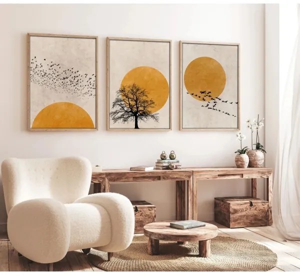 Sada 3 ks obrazov vo fotorámiku 50x70 cm béžová/oranžová